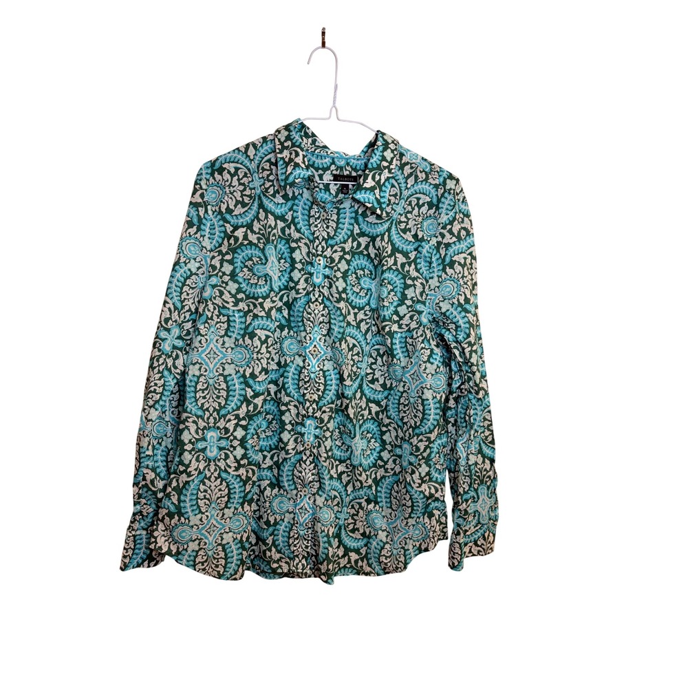 Talbots Womens XL Teal Turquoise Damask Paisley Button Down Long Sleeve Blouse